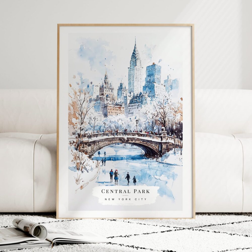 White Christmas Central Park New York Watercolor in Winter Art Print - Wood Frame standing on Floor White Christmas Central Park New York Watercolor in Winter Art Print - Wood Frame standing on Floor