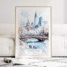 White Christmas Central Park New York Watercolor in Winter Art Print - Wood Frame standing on Floor