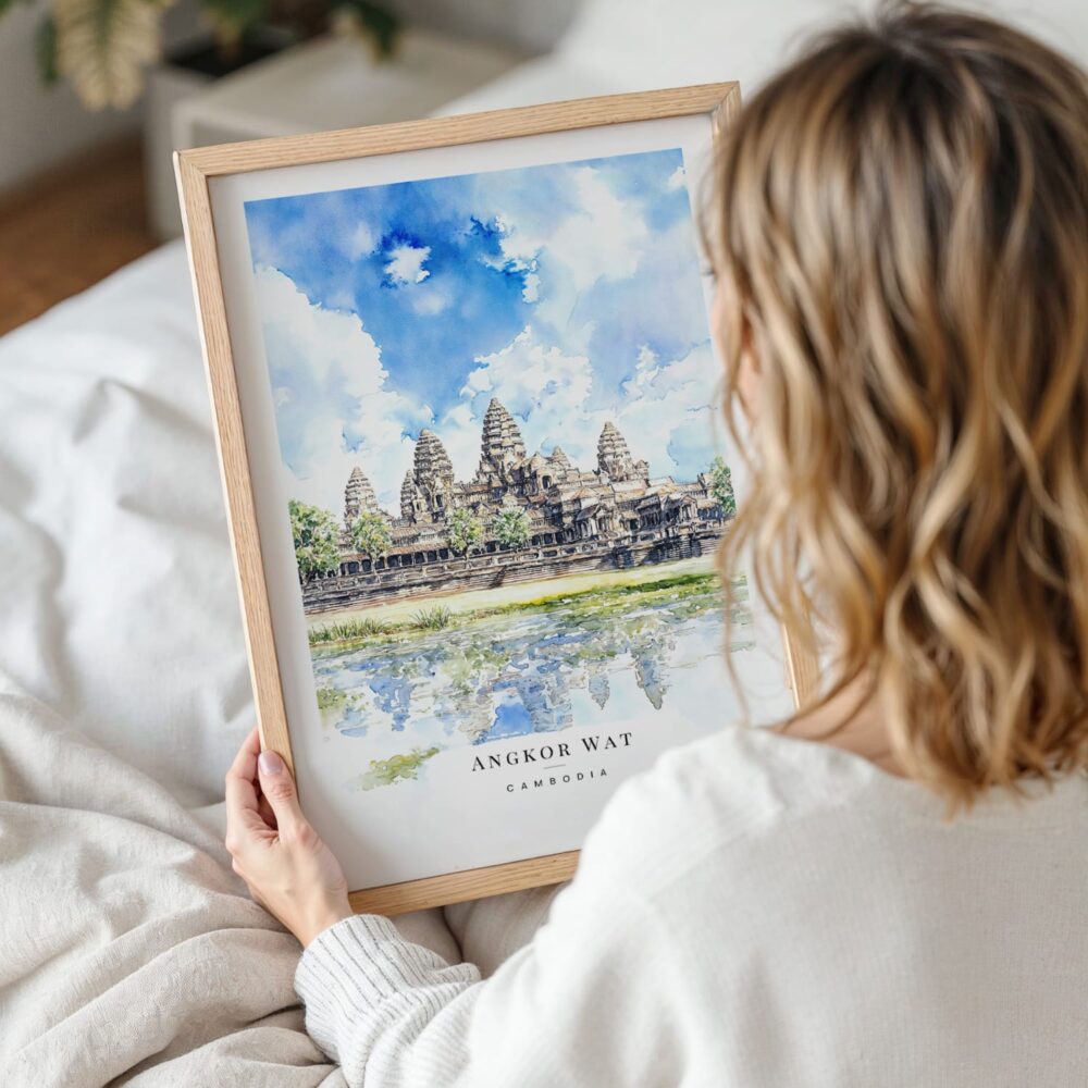 Woman Holding Framed Angkor Wat Cambodia Watercolor Wall Art - Portrait Woman Holding Framed Angkor Wat Cambodia Watercolor Wall Art - Portrait