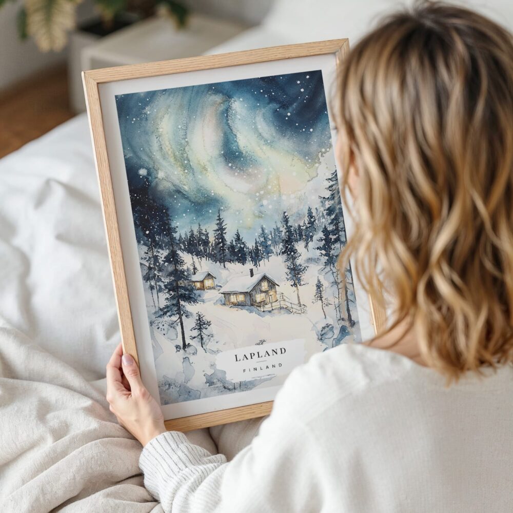 Woman Holding Framed Aurora Lapland Finland Watercolor Wall Art - Portrait Woman Holding Framed Aurora Lapland Finland Watercolor Wall Art - Portrait