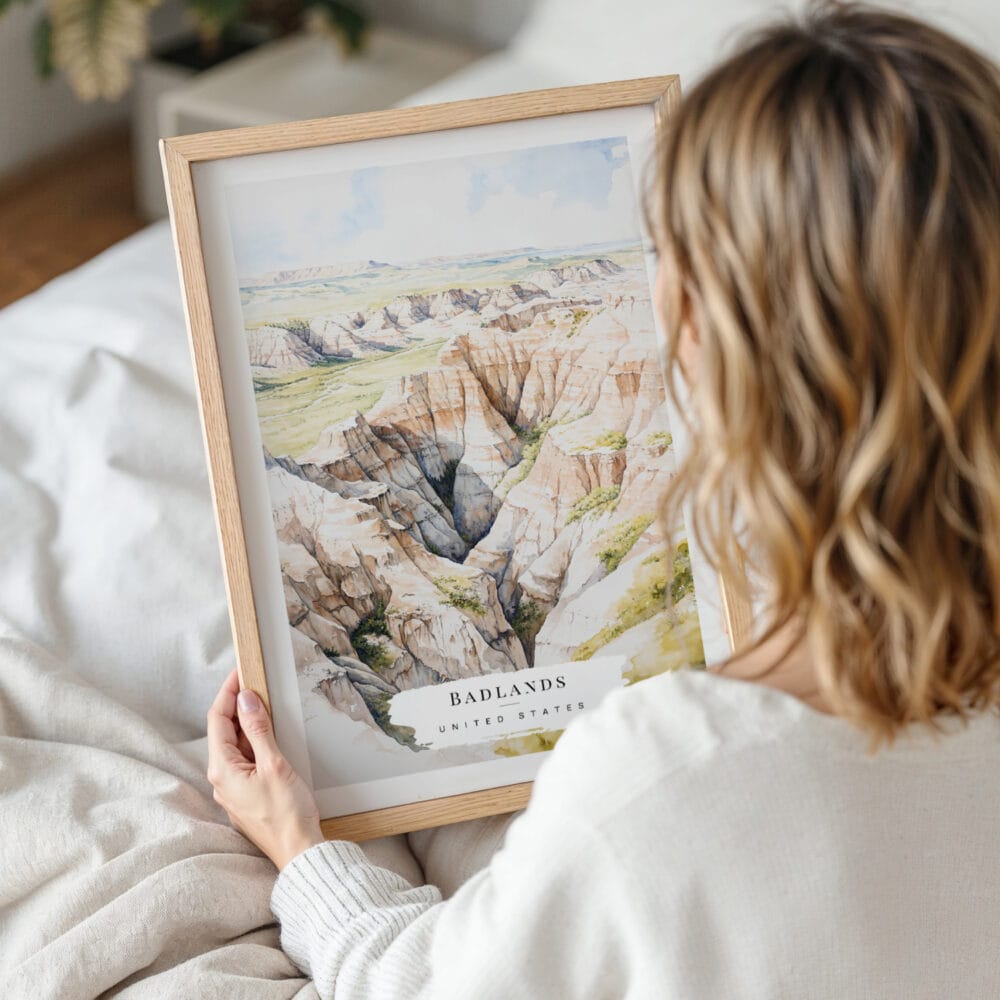 Woman Holding Framed Badlands National Park Watercolor Wall Art - Portrait Woman Holding Framed Badlands National Park Watercolor Wall Art - Portrait