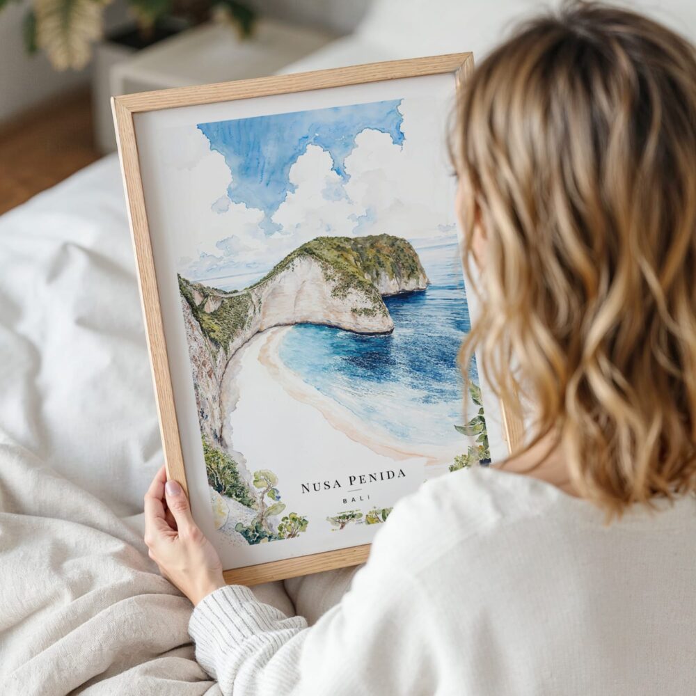 Woman Holding Framed Bali Nusa Penida Watercolor Wall Art - Portrait Woman Holding Framed Bali Nusa Penida Watercolor Wall Art - Portrait