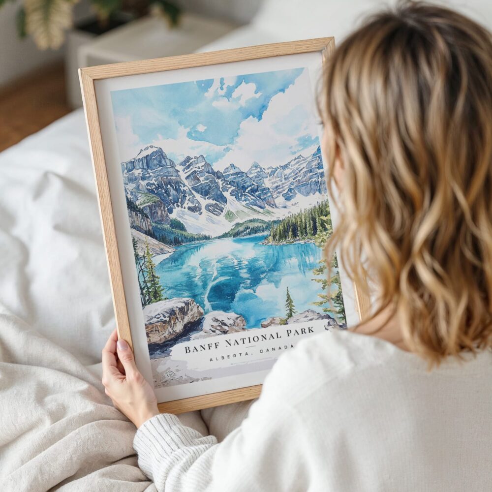 Woman Holding Framed Banff National Park Watercolor Wall Art - Portrait Woman Holding Framed Banff National Park Watercolor Wall Art - Portrait