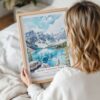 Woman Holding Framed Banff National Park Watercolor Wall Art - Portrait
