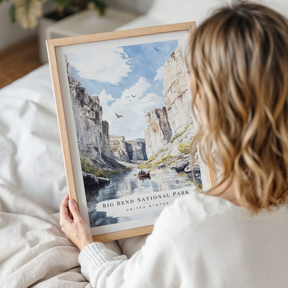 Woman Holding Framed Big Bend National Park Watercolor Wall Art - Portrait Woman Holding Framed Big Bend National Park Watercolor Wall Art - Portrait
