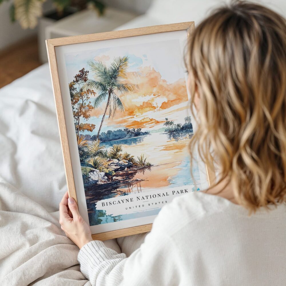 Woman Holding Framed Biscayne National Park Watercolor Wall Art - Portrait Woman Holding Framed Biscayne National Park Watercolor Wall Art - Portrait
