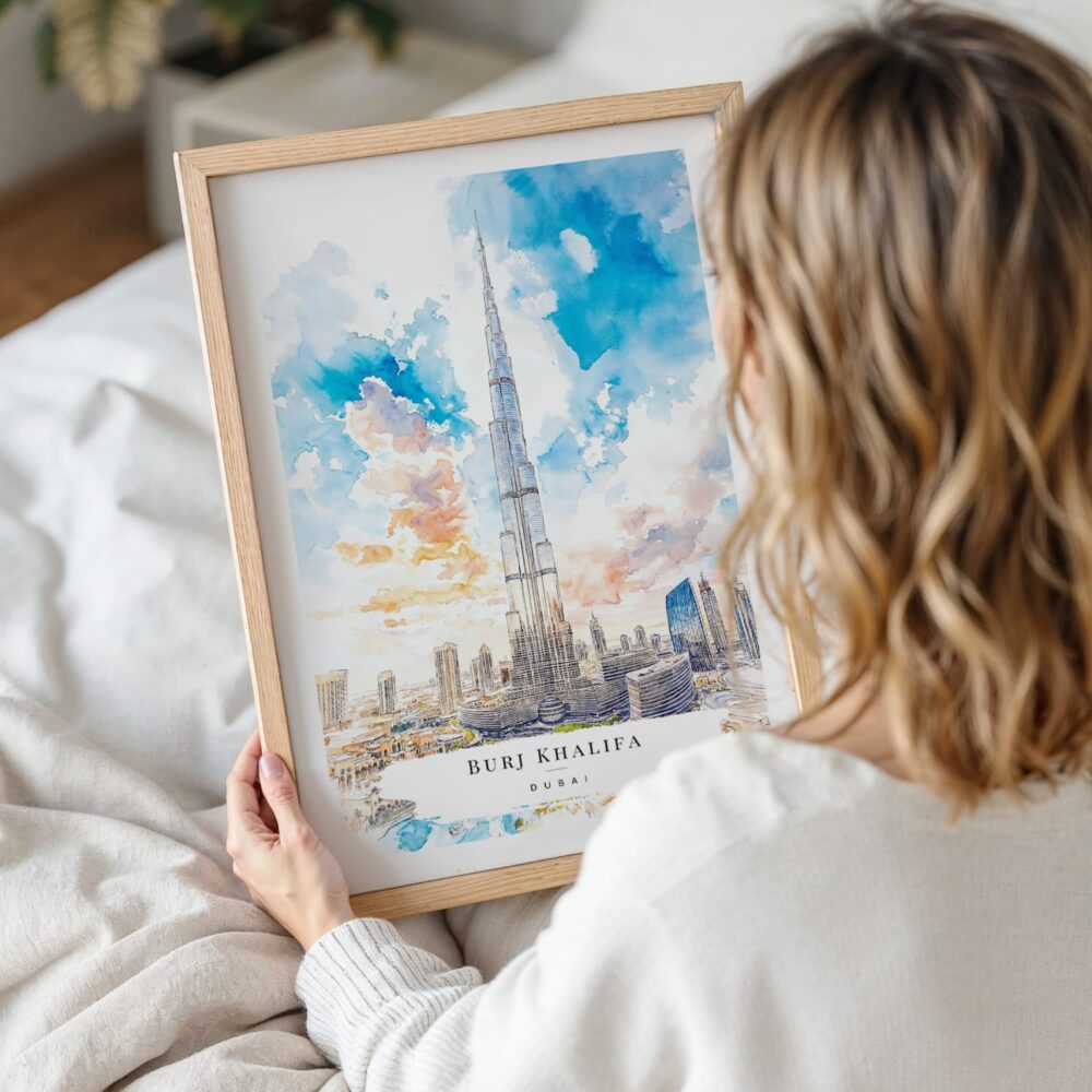 Woman Holding Framed Burj Khalifa Dubai Watercolor Wall Art - Portrait Woman Holding Framed Burj Khalifa Dubai Watercolor Wall Art - Portrait