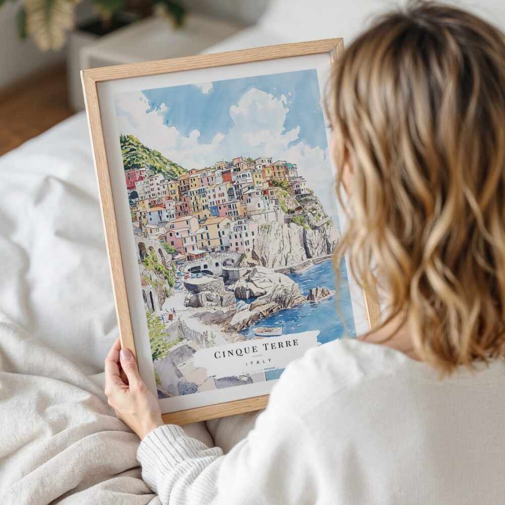Woman Holding Framed Cinque Terre Manarola Watercolor Wall Art - Portrait Woman Holding Framed Cinque Terre Manarola Watercolor Wall Art - Portrait