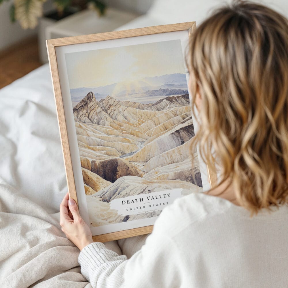 Woman Holding Framed Death Valley Watercolor Wall Art - Portrait Woman Holding Framed Death Valley Watercolor Wall Art - Portrait