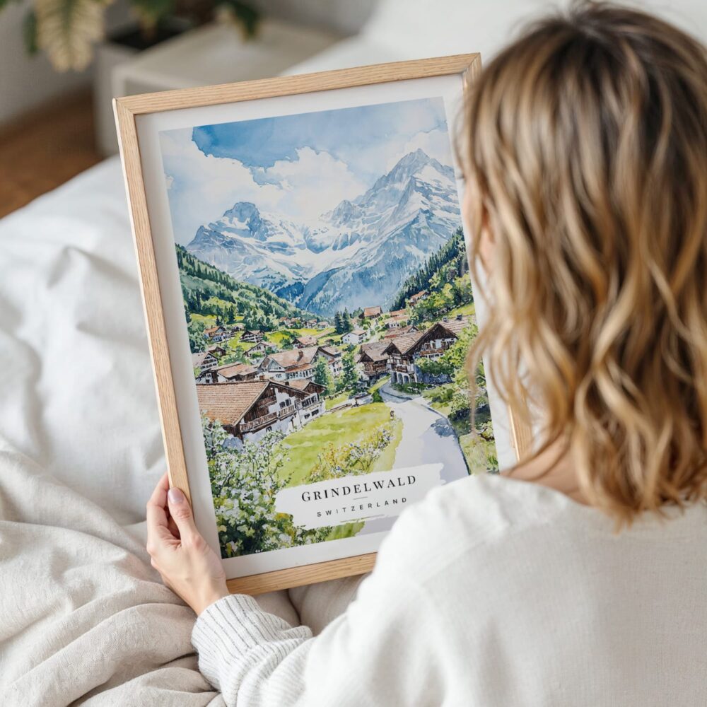 Woman Holding Framed Grindelwald Switzerland Watercolor Wall Art - Portrait Woman Holding Framed Grindelwald Switzerland Watercolor Wall Art - Portrait