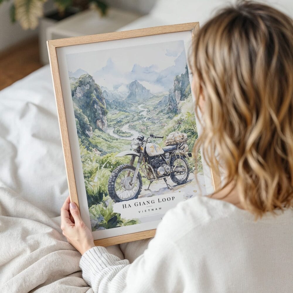 Woman Holding Framed Ha Giang Loop Vietnam Watercolor Wall Art - Portrait Woman Holding Framed Ha Giang Loop Vietnam Watercolor Wall Art - Portrait