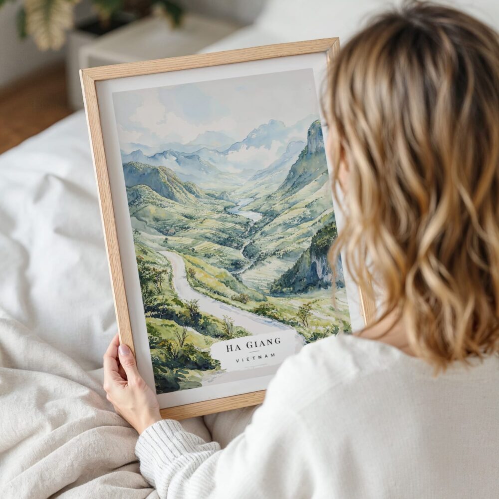 Woman Holding Framed Ha Giang Vietnam Watercolor Wall Art - Portrait Woman Holding Framed Ha Giang Vietnam Watercolor Wall Art - Portrait