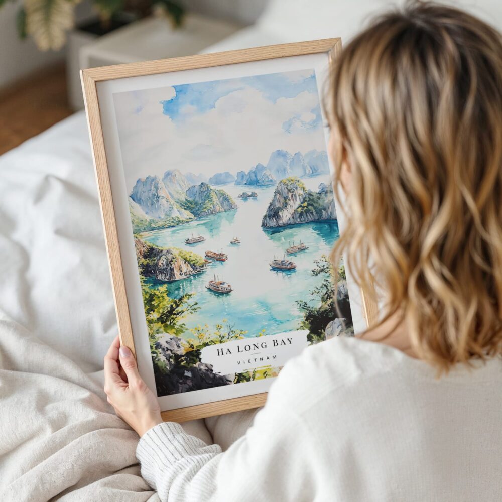 Woman Holding Framed Ha Long Bay Vietnam Watercolor Wall Art - Portrait Woman Holding Framed Ha Long Bay Vietnam Watercolor Wall Art - Portrait