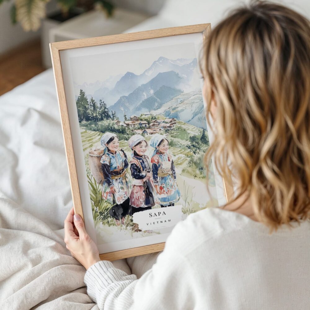 Woman Holding Framed Hmong People Sapa Watercolor Wall Art - Portrait Woman Holding Framed Hmong People Sapa Watercolor Wall Art - Portrait