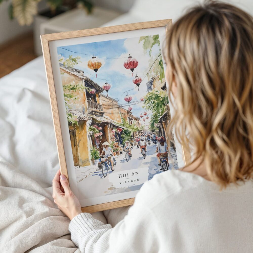 Woman Holding Framed Hoi An Vietnam Watercolor Wall Art - Portrait Woman Holding Framed Hoi An Vietnam Watercolor Wall Art - Portrait