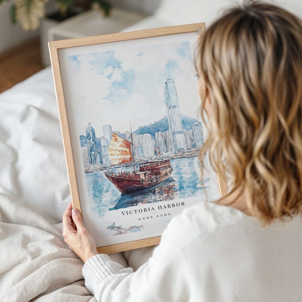 Woman Holding Framed Hong Kong Watercolor Wall Art - Portrait Woman Holding Framed Hong Kong Watercolor Wall Art - Portrait