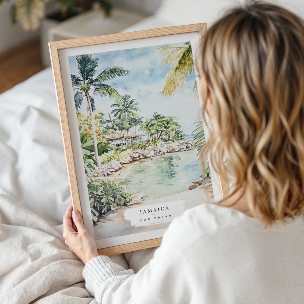 Woman Holding Framed Jamaica Caribbean Island Watercolor Wall Art - Portrait Woman Holding Framed Jamaica Caribbean Island Watercolor Wall Art - Portrait
