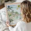 Woman Holding Framed Jamaica Caribbean Island Watercolor Wall Art - Portrait