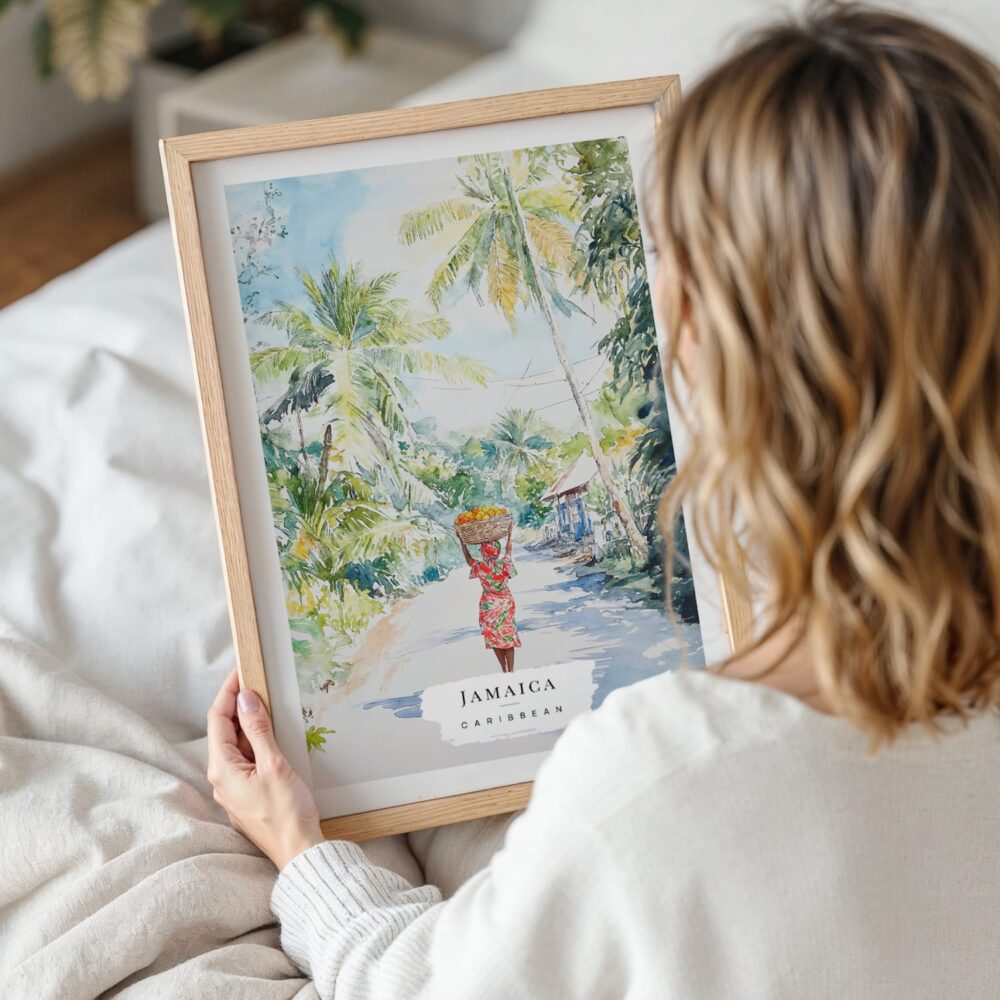 Woman Holding Framed Jamaica Woman Watercolor Wall Art - Portrait Woman Holding Framed Jamaica Woman Watercolor Wall Art - Portrait