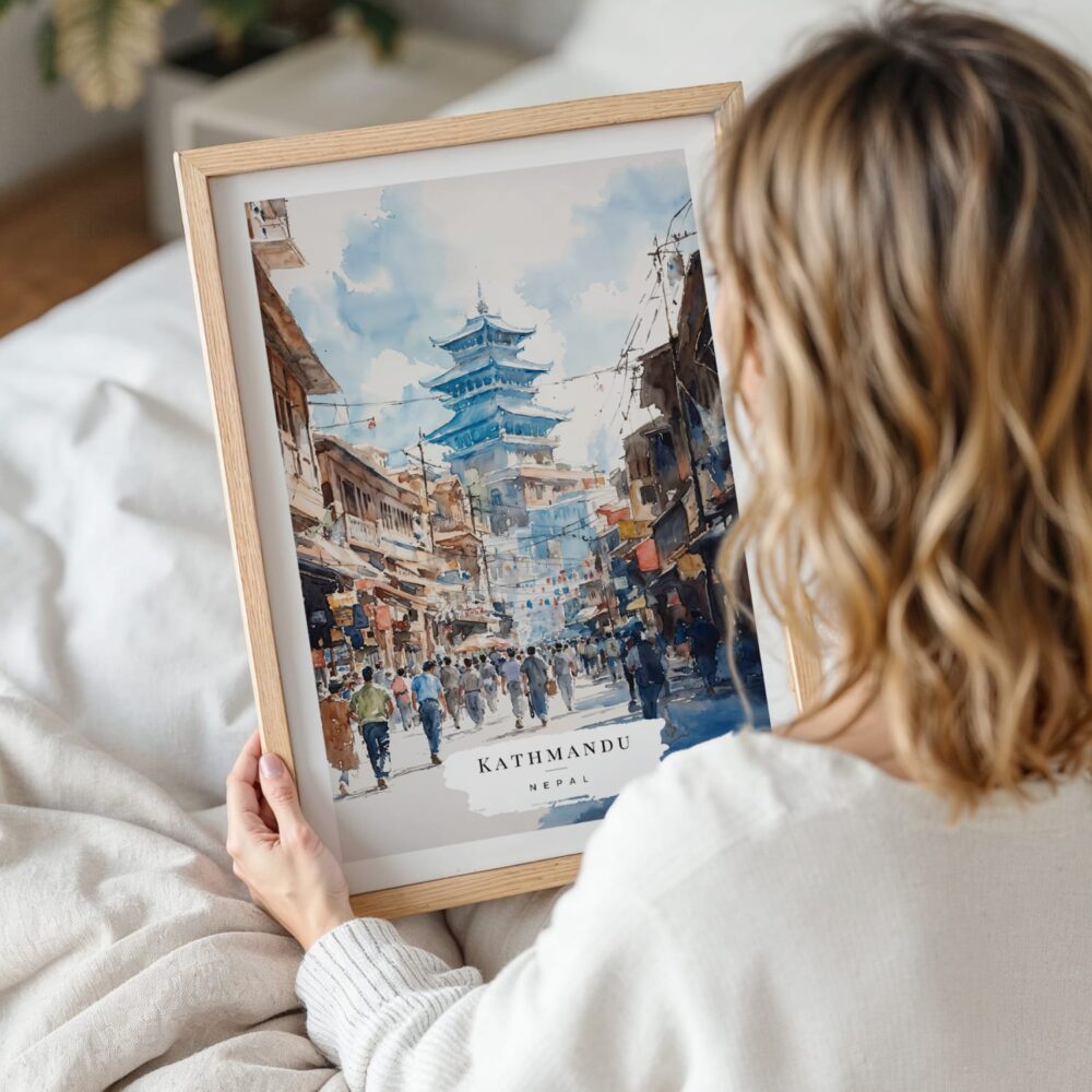 Woman Holding Framed Kathmandu Watercolor Wall Art - Portrait Woman Holding Framed Kathmandu Watercolor Wall Art - Portrait