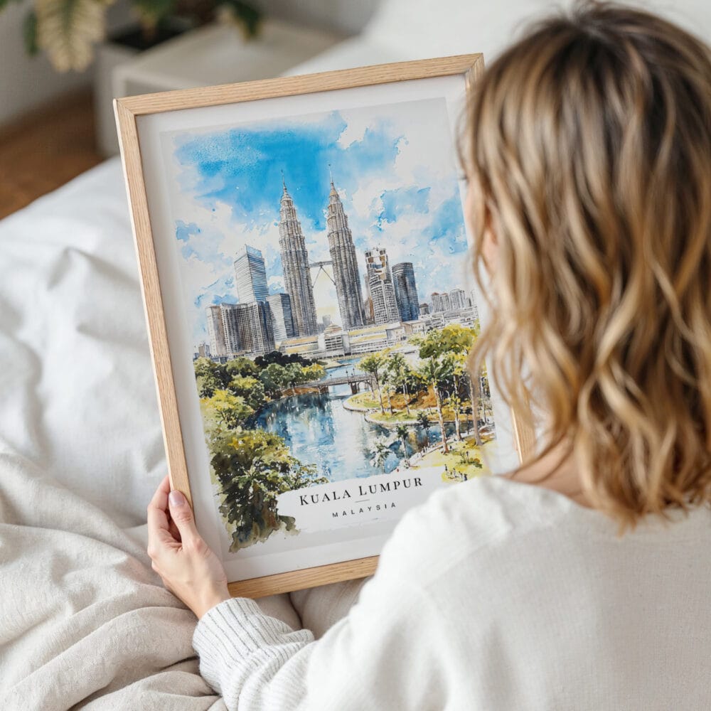 Woman Holding Framed Kuala Lumpur Watercolor Wall Art - Portrait Woman Holding Framed Kuala Lumpur Watercolor Wall Art - Portrait