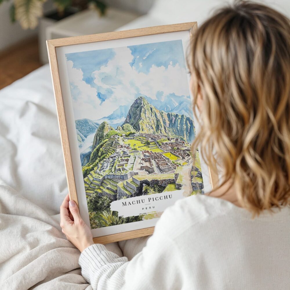 Woman Holding Framed Machu Picchu Watercolor Wall Art - Portrait Woman Holding Framed Machu Picchu Watercolor Wall Art - Portrait