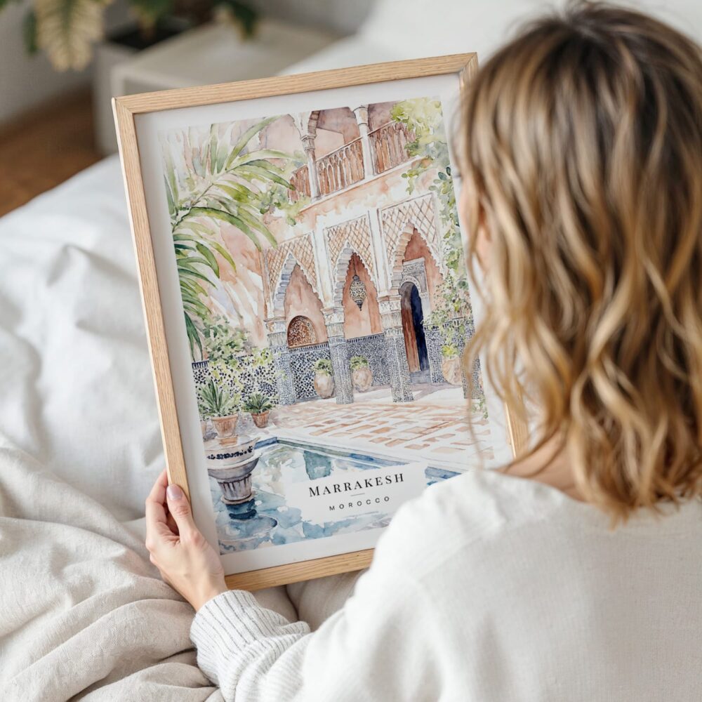 Woman Holding Framed Marrakesh Morocco Watercolor Wall Art - Portrait Woman Holding Framed Marrakesh Morocco Watercolor Wall Art - Portrait