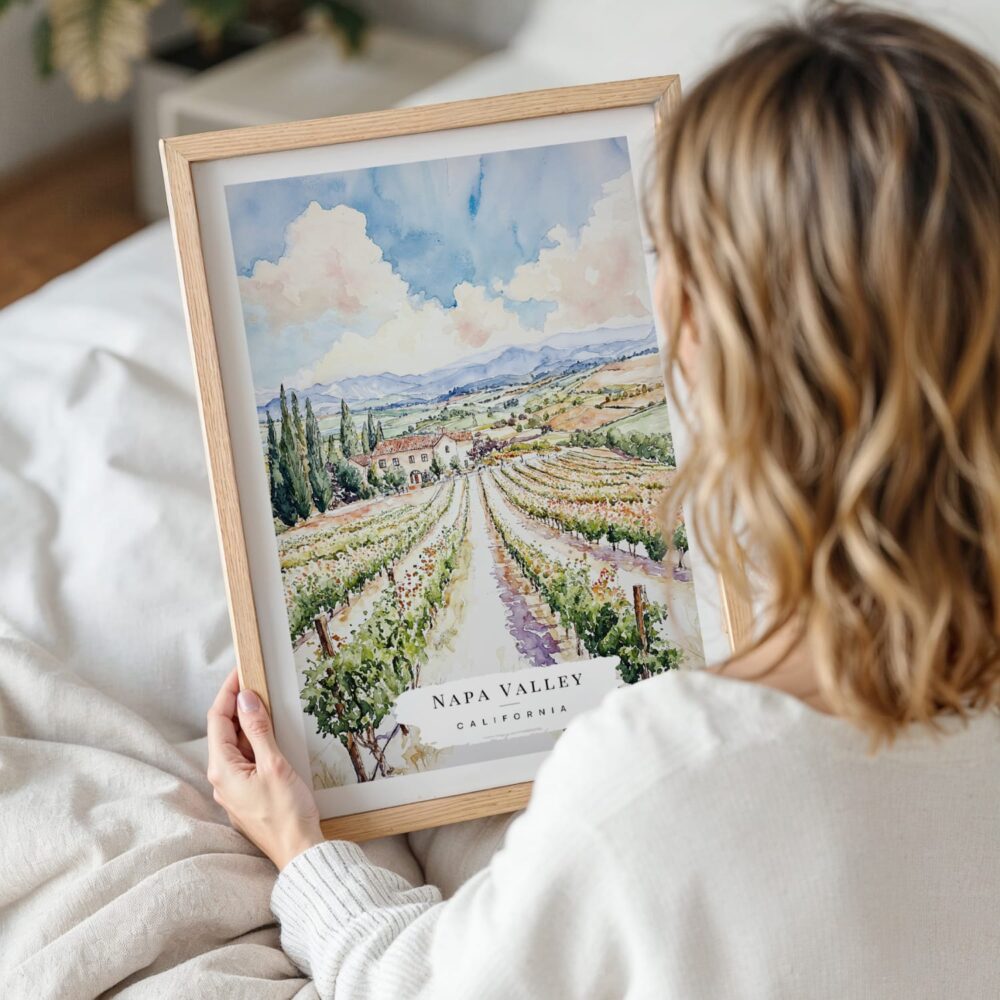 Woman Holding Framed Napa Valley Vineyard Watercolor Wall Art - Portrait Woman Holding Framed Napa Valley Vineyard Watercolor Wall Art - Portrait