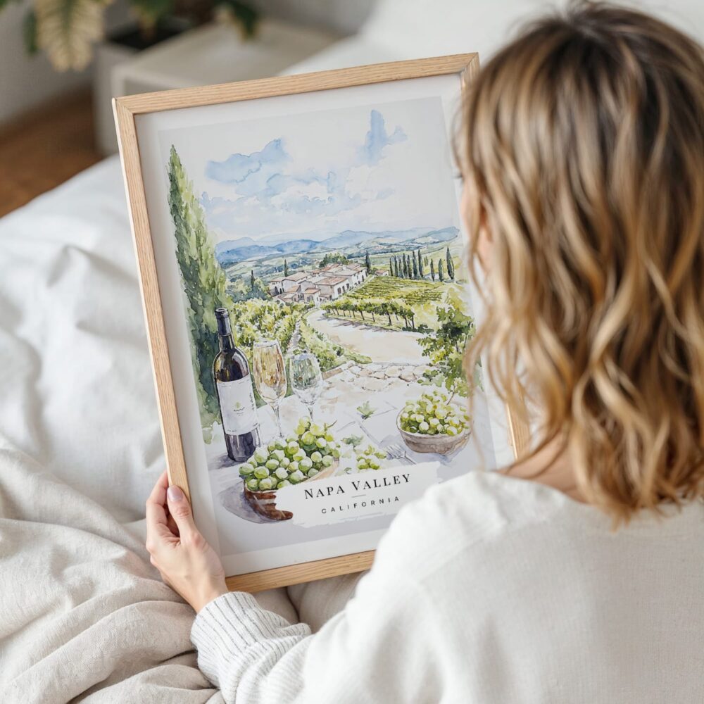 Woman Holding Framed Napa Valley Watercolor Wall Art - Portrait Woman Holding Framed Napa Valley Watercolor Wall Art - Portrait
