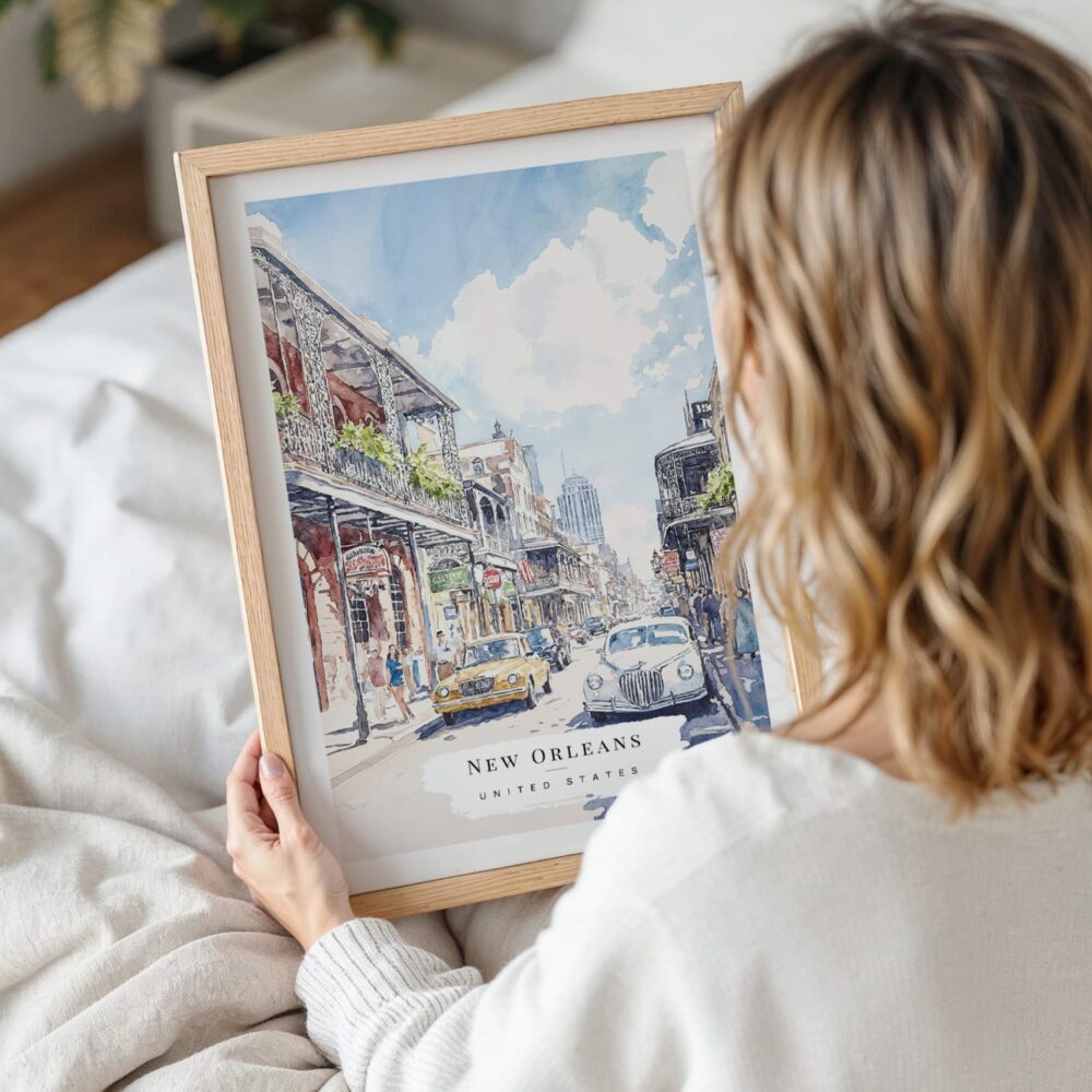 Woman Holding Framed New Orleans Bourbon Street Watercolor Wall Art - Portrait Woman Holding Framed New Orleans Bourbon Street Watercolor Wall Art - Portrait