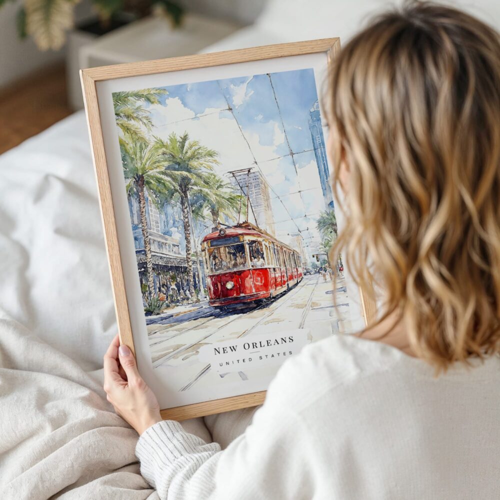 Woman Holding Framed New Orleans Canal Street Watercolor Wall Art - Portrait Woman Holding Framed New Orleans Canal Street Watercolor Wall Art - Portrait