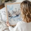 Woman Holding Framed New York City Central Park Watercolor in Winter Wall Art - Portrait