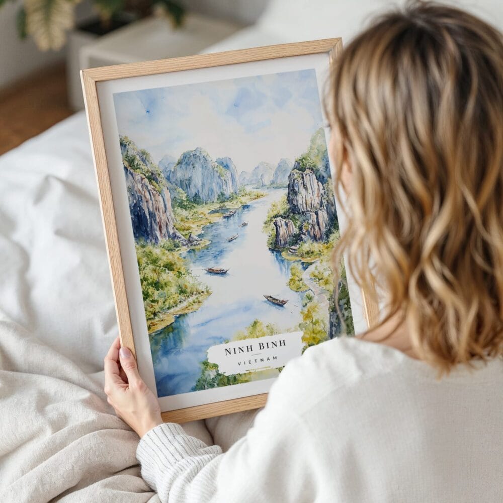 Woman Holding Framed Ninh Binh Vietnam Watercolor Wall Art - Portrait Woman Holding Framed Ninh Binh Vietnam Watercolor Wall Art - Portrait