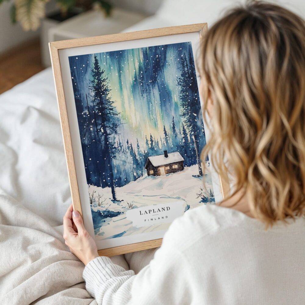 Woman Holding Framed Northern Lights Finland Watercolor Wall Art - Portrait Woman Holding Framed Northern Lights Finland Watercolor Wall Art - Portrait