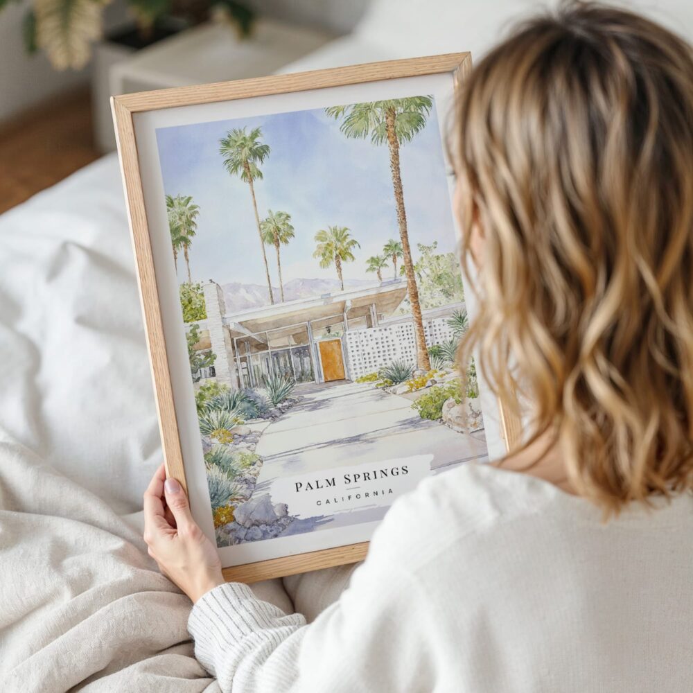Woman Holding Framed Palm Springs California Watercolor Wall Art - Portrait Woman Holding Framed Palm Springs California Watercolor Wall Art - Portrait