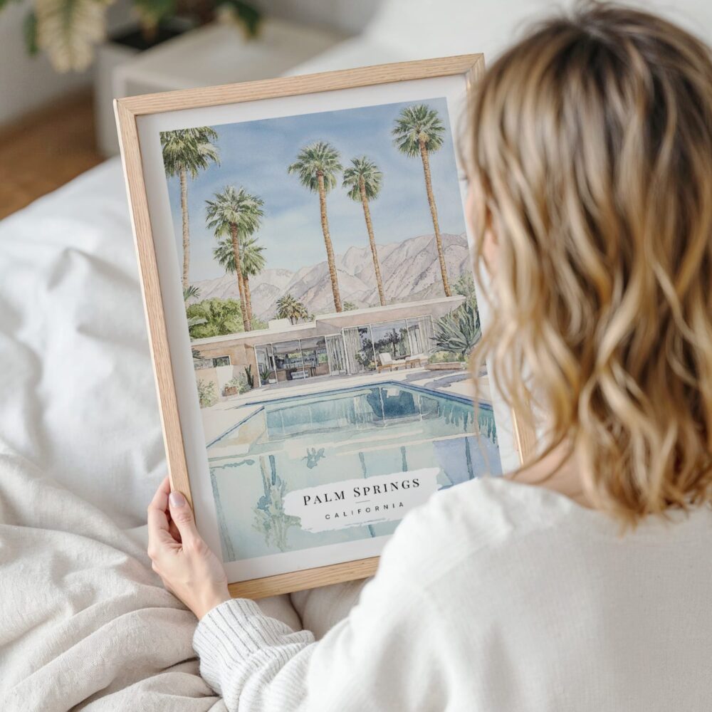 Woman Holding Framed Palm Springs Pool Villa Watercolor Wall Art - Portrait Woman Holding Framed Palm Springs Pool Villa Watercolor Wall Art - Portrait