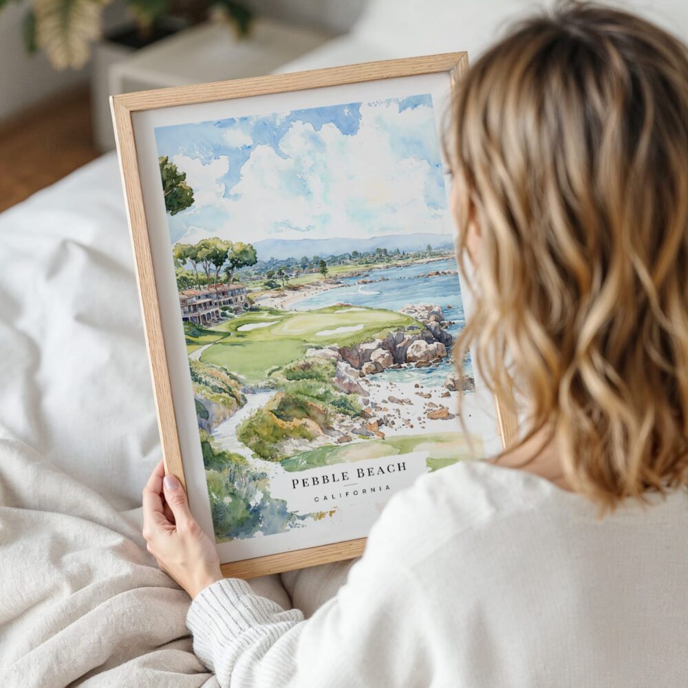 Woman Holding Framed Pebble Beach Golf Course Watercolor Wall Art - Portrait Woman Holding Framed Pebble Beach Golf Course Watercolor Wall Art - Portrait