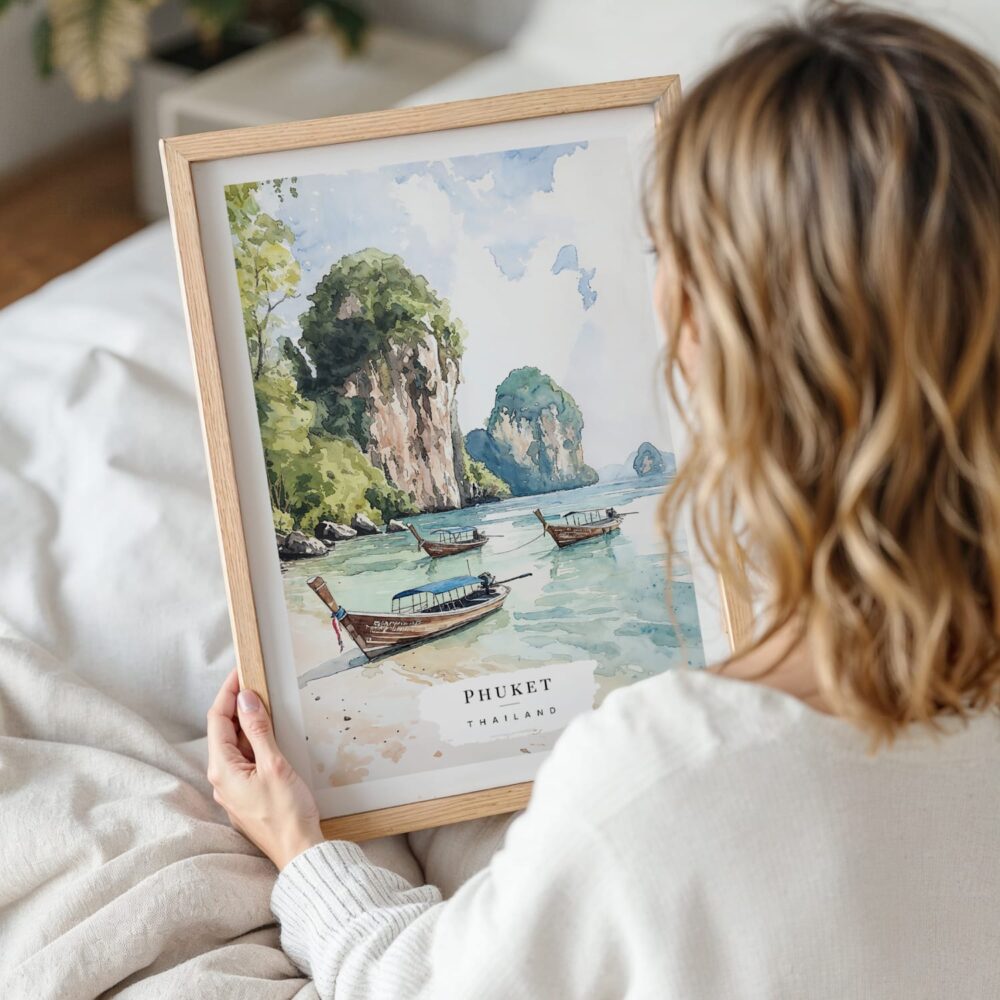 Woman Holding Framed Phuket Thailand Watercolor Wall Art - Portrait Woman Holding Framed Phuket Thailand Watercolor Wall Art - Portrait