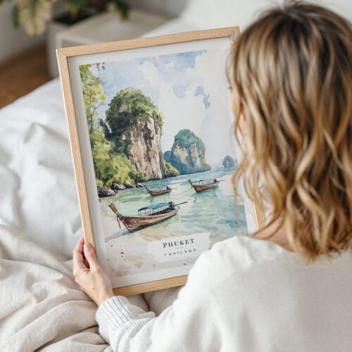 Woman Holding Framed Phuket Thailand Watercolor Wall Art Portrait