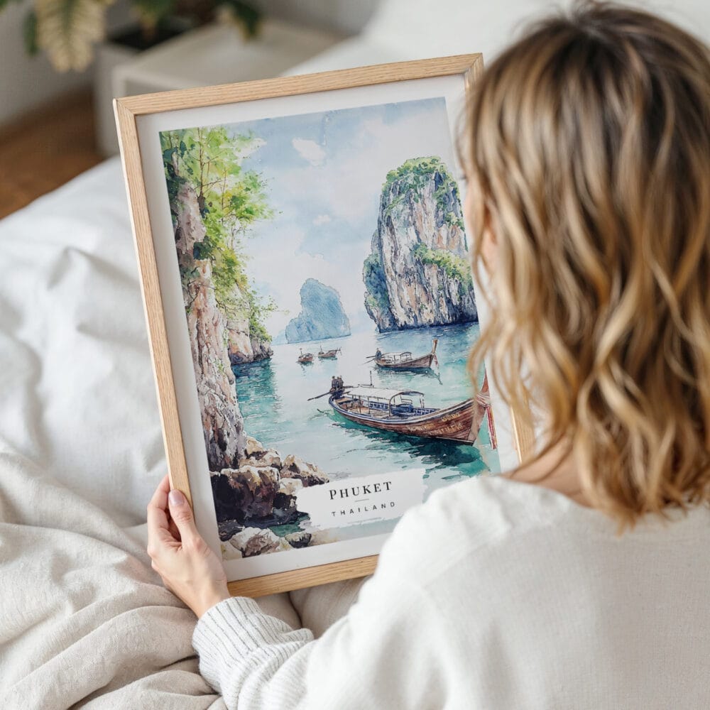 Woman Holding Framed Phuket Watercolor Wall Art - Portrait Woman Holding Framed Phuket Watercolor Wall Art - Portrait