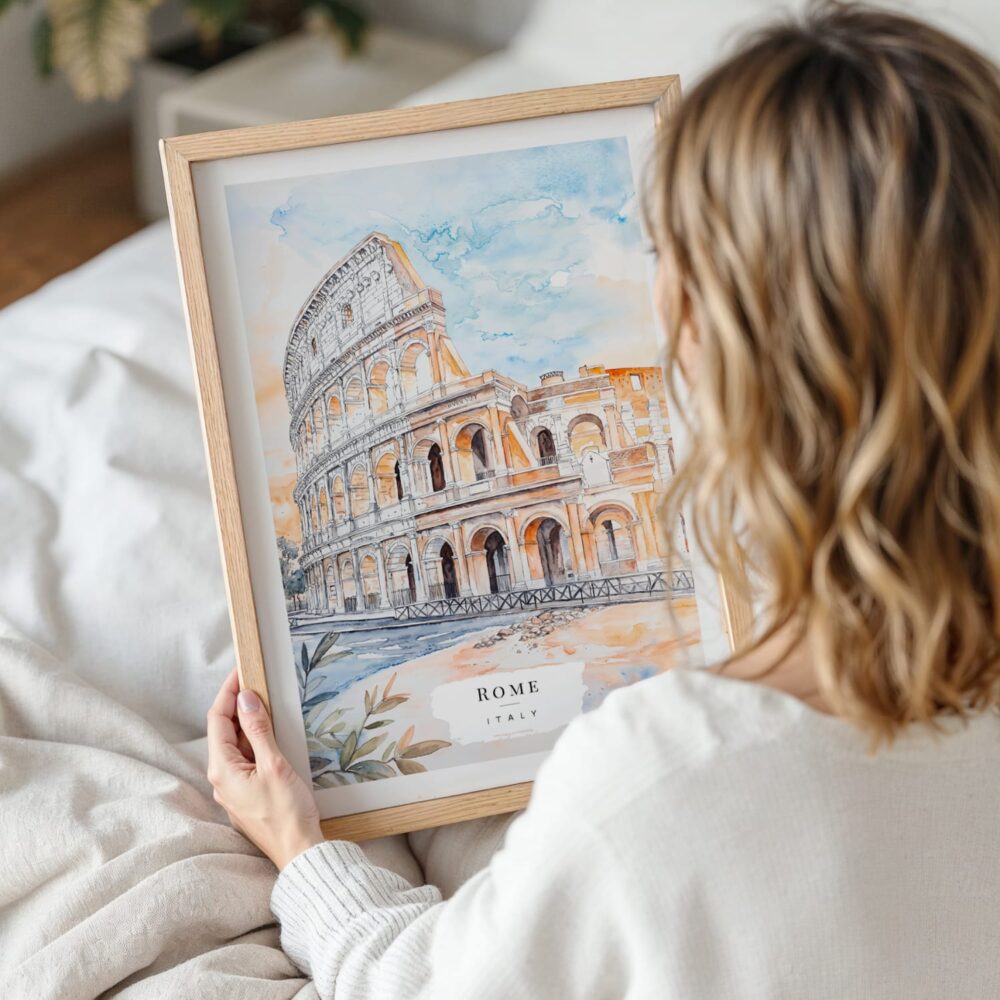 Woman Holding Framed Rome Colosseum Watercolor Wall Art - Portrait Woman Holding Framed Rome Colosseum Watercolor Wall Art - Portrait