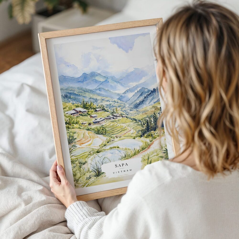 Woman Holding Framed Sapa Vietnam Watercolor Wall Art - Portrait Woman Holding Framed Sapa Vietnam Watercolor Wall Art - Portrait