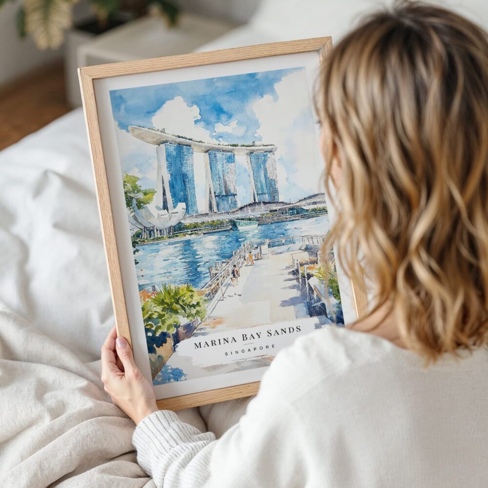 Woman Holding Framed Singapore Watercolor Wall Art - Portrait Woman Holding Framed Singapore Watercolor Wall Art - Portrait