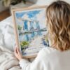 Woman Holding Framed Singapore Watercolor Wall Art - Portrait