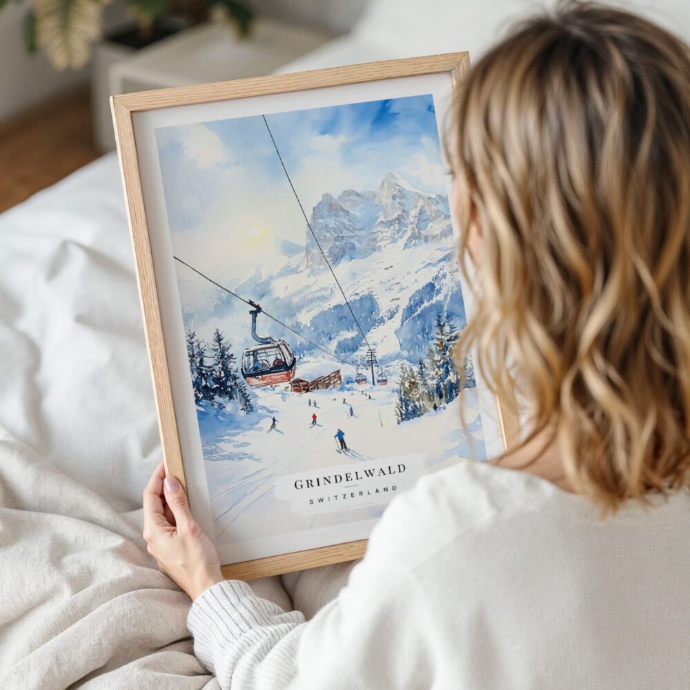 Woman Holding Framed Skiing in Grindelwald Watercolor Wall Art - Portrait Woman Holding Framed Skiing in Grindelwald Watercolor Wall Art - Portrait