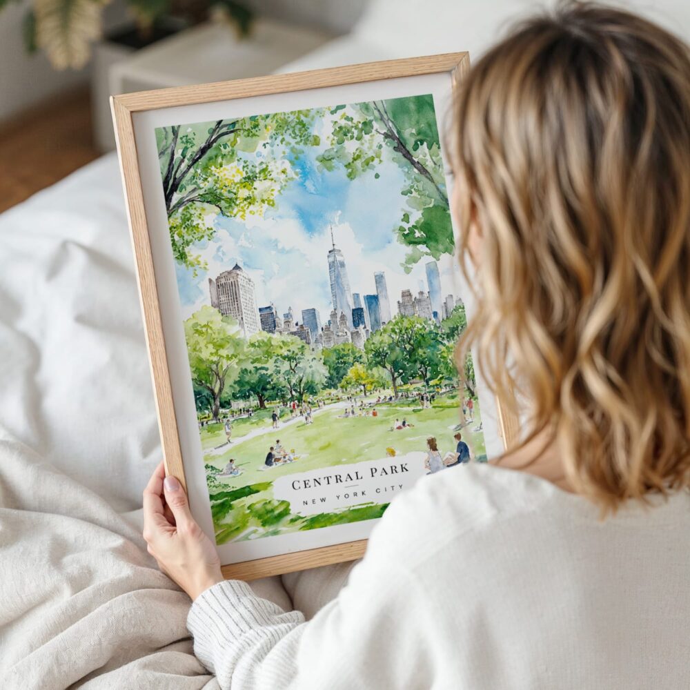 Woman Holding Framed Summer in Central Park New York Watercolor Wall Art - Portrait Woman Holding Framed Summer in Central Park New York Watercolor Wall Art - Portrait