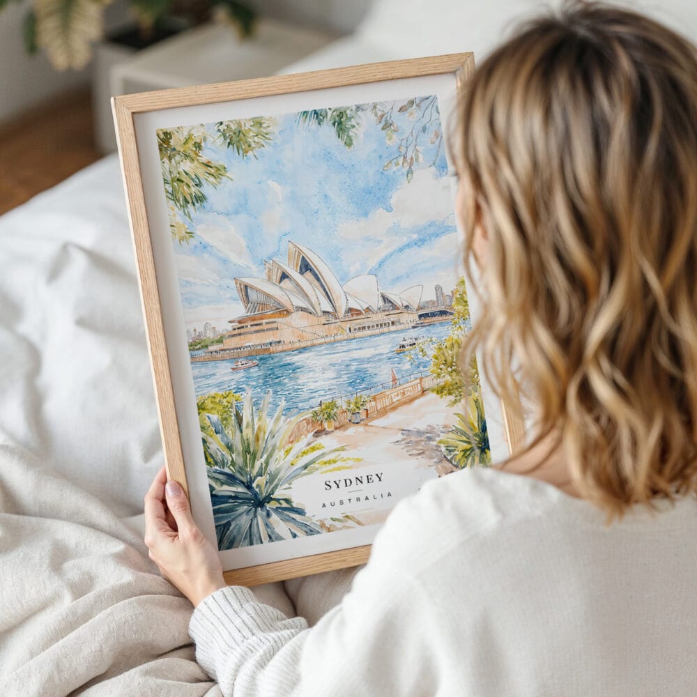 Woman Holding Framed Sydney Opera House Watercolor Wall Art - Portrait Woman Holding Framed Sydney Opera House Watercolor Wall Art - Portrait