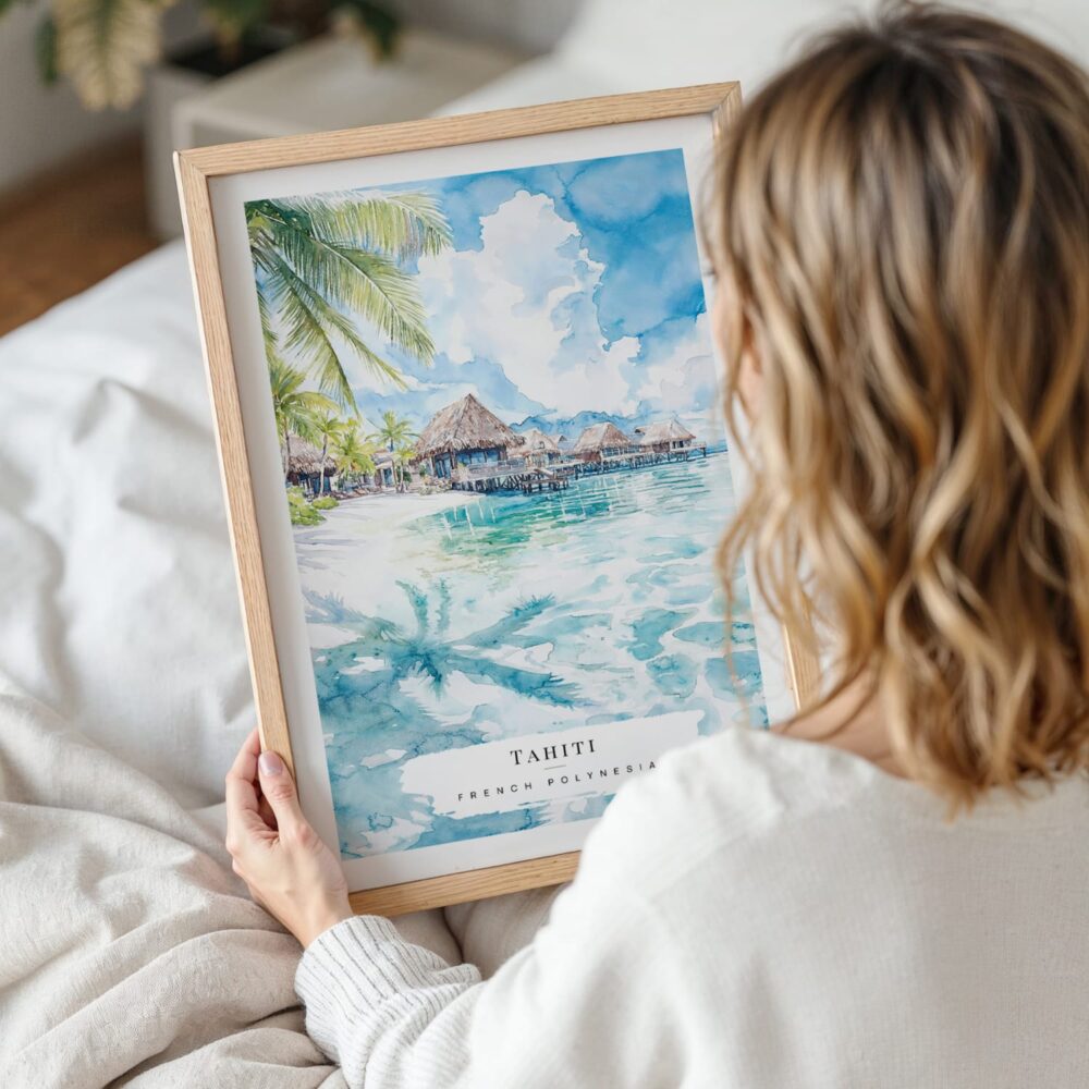 Woman Holding Framed Tahiti Watercolor Wall Art - Portrait Woman Holding Framed Tahiti Watercolor Wall Art - Portrait