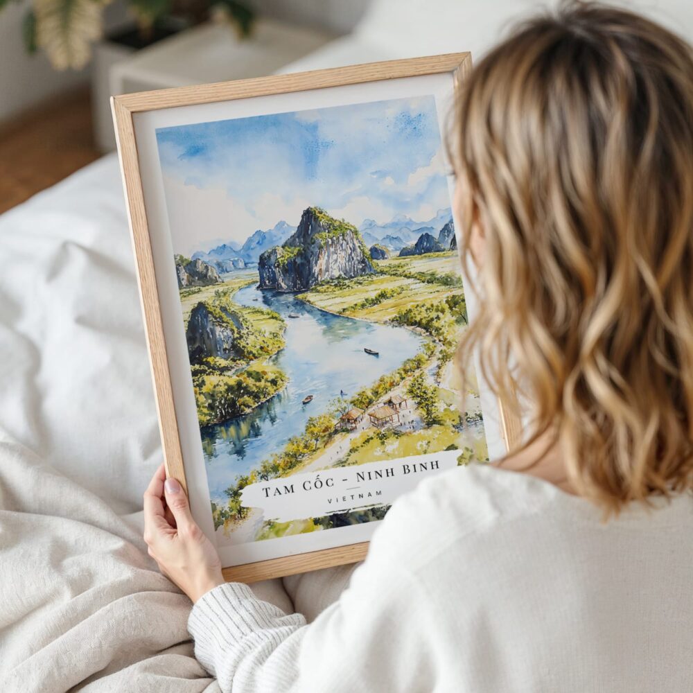 Woman Holding Framed Tam Cốc Ninh Binh Watercolor Wall Art - Portrait Woman Holding Framed Tam Cốc Ninh Binh Watercolor Wall Art - Portrait