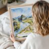 Woman Holding Framed Tam Cốc Ninh Binh Watercolor Wall Art - Portrait